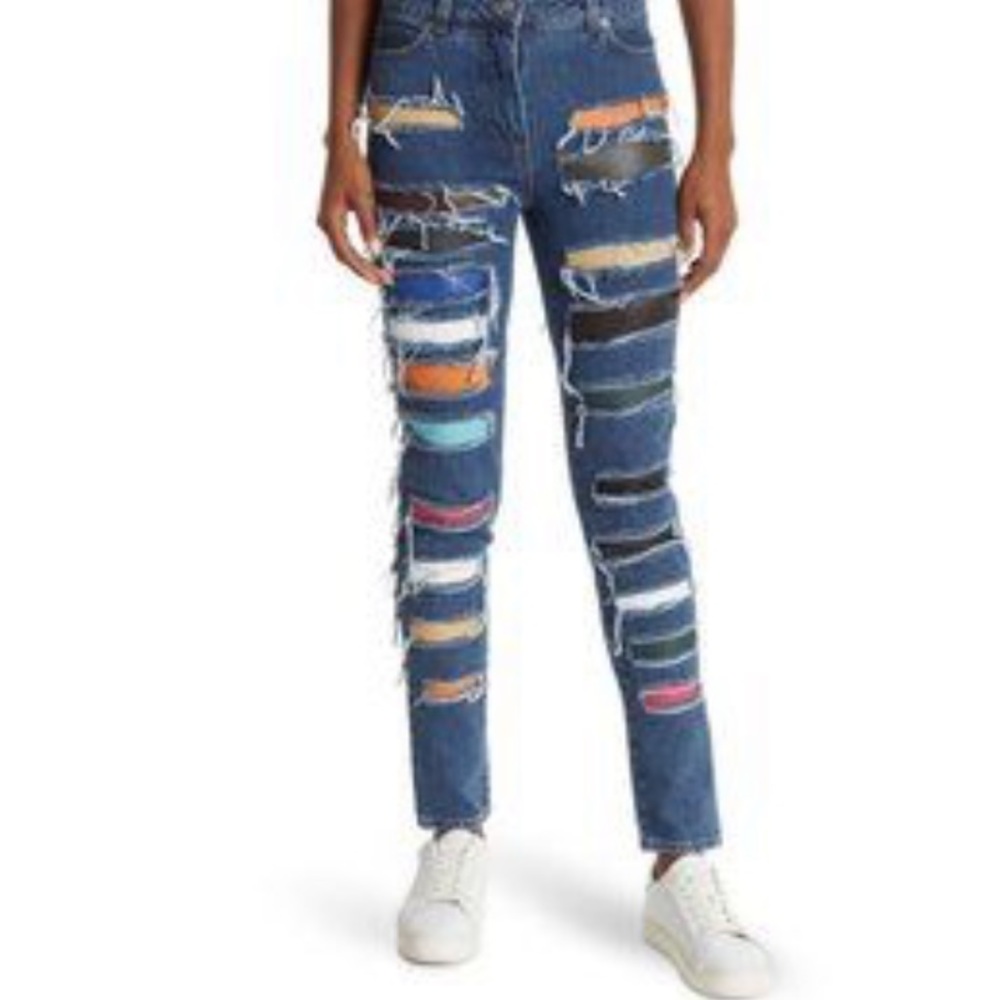 Jeremy Scott Very Distressed Leather Patchwork High Waist Jeans NWT Size 4